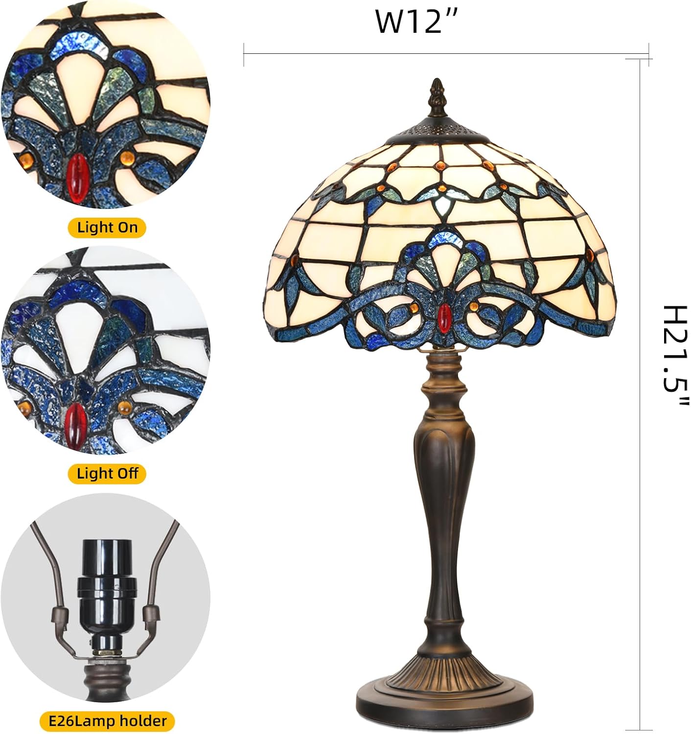 TL0003 Tiffany Table Lamp Bedside Stained Glass Lamp Blue Baroque Reading Desk Light 12X21.5 Inches for Bedroom Living Room Home Office,Vintage Look Handcrafted Accent Décor