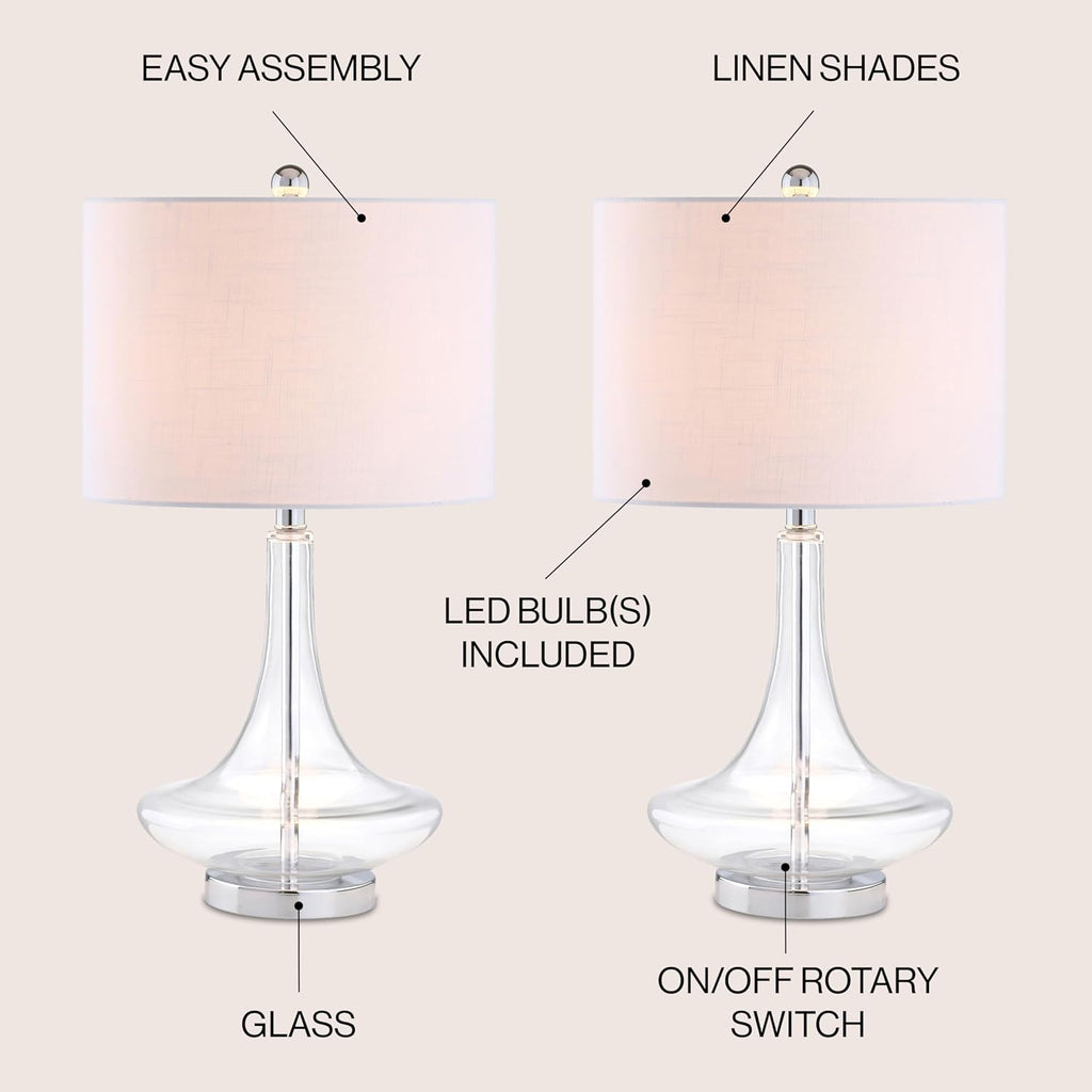 JONATHAN Y 25.5' Clear/Chrome Glass Teardrop Table Lamp Set of 2 for Bedroom, Modern Bedside Lamps for Living Room, White Linen Drum Shade, LED Bulbs Included (JYL1081C-SET2)