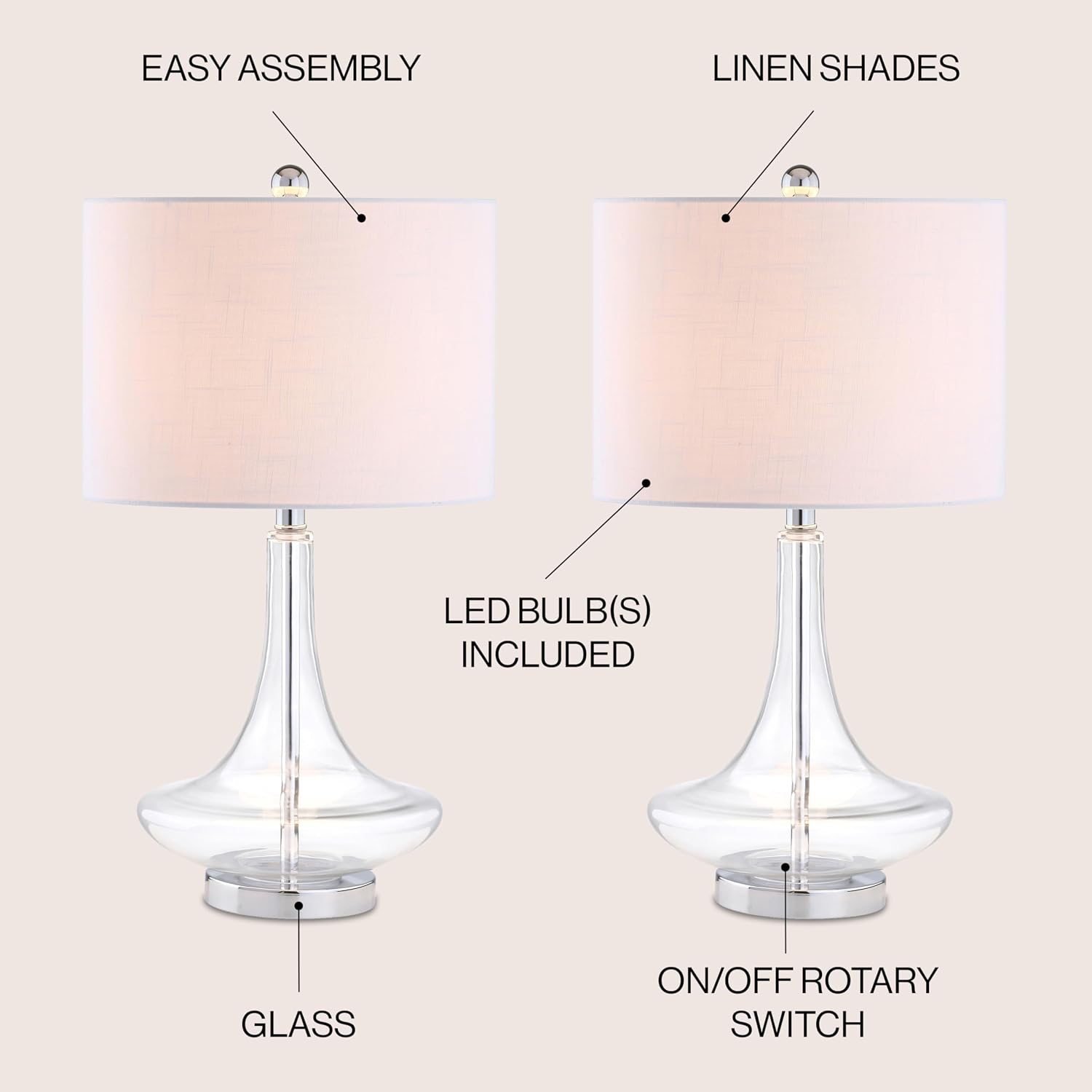 JONATHAN Y 25.5' Clear/Chrome Glass Teardrop Table Lamp Set of 2 for Bedroom, Modern Bedside Lamps for Living Room, White Linen Drum Shade, LED Bulbs Included (JYL1081C-SET2)