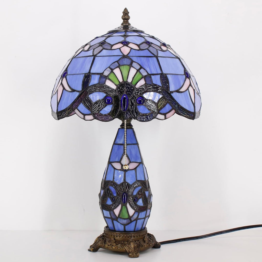 Tiffany Style Lamp Blue Baroque Stained Glass Table Lamp 12X19 Inches Mother-Daughter Vase Desk Reading Light Decor Bedroom Living Room Home Office