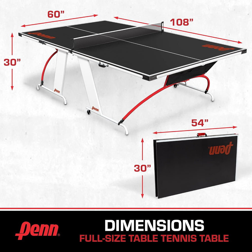 Penn Full-Size Ping Pong Table - Engineered Wood, Black/White/Red - Foldable Design for Portable Ping Pong Play - 15mm Laminated Surface for Precision Play - Table Tennis Set 40mm Balls & Paddles