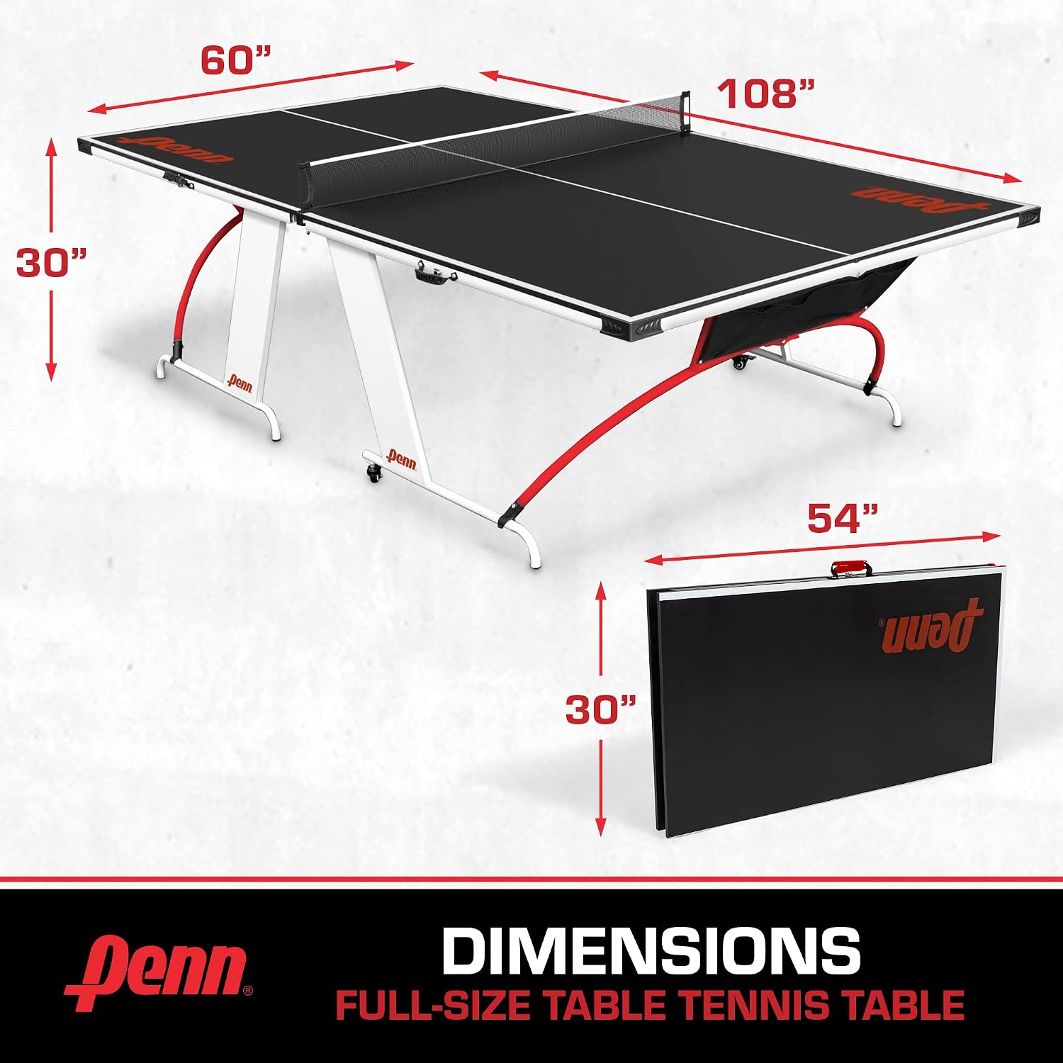 Penn Full-Size Ping Pong Table - Engineered Wood, Black/White/Red - Foldable Design for Portable Ping Pong Play - 15mm Laminated Surface for Precision Play - Table Tennis Set 40mm Balls & Paddles