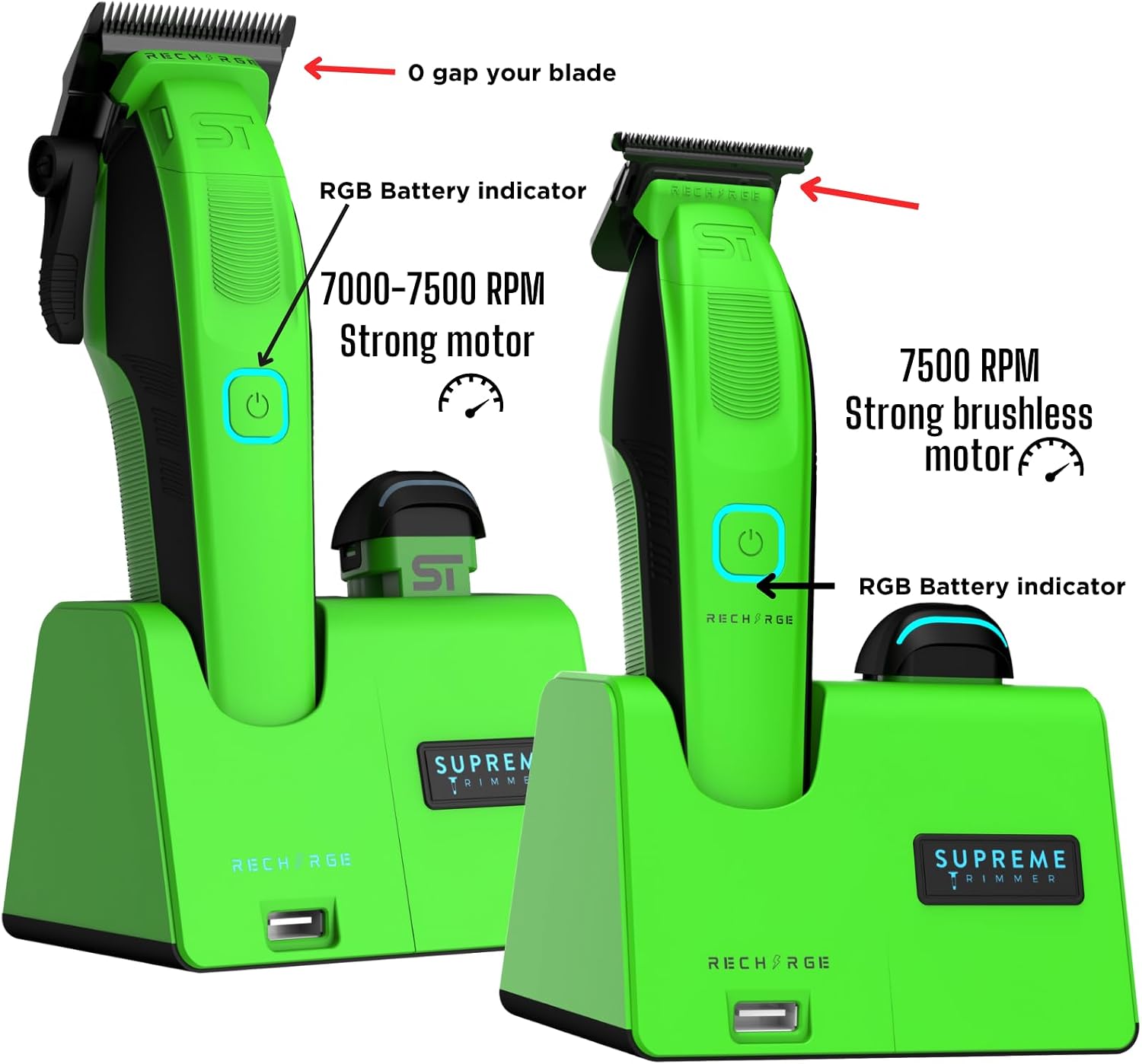 Supreme Trimmer 2-in-1 Recharge Hair Clipper & Beard Trimmer Combo | 7500 RPM, Removable Battery, Smart USB Charging Base | STC779 + ST777