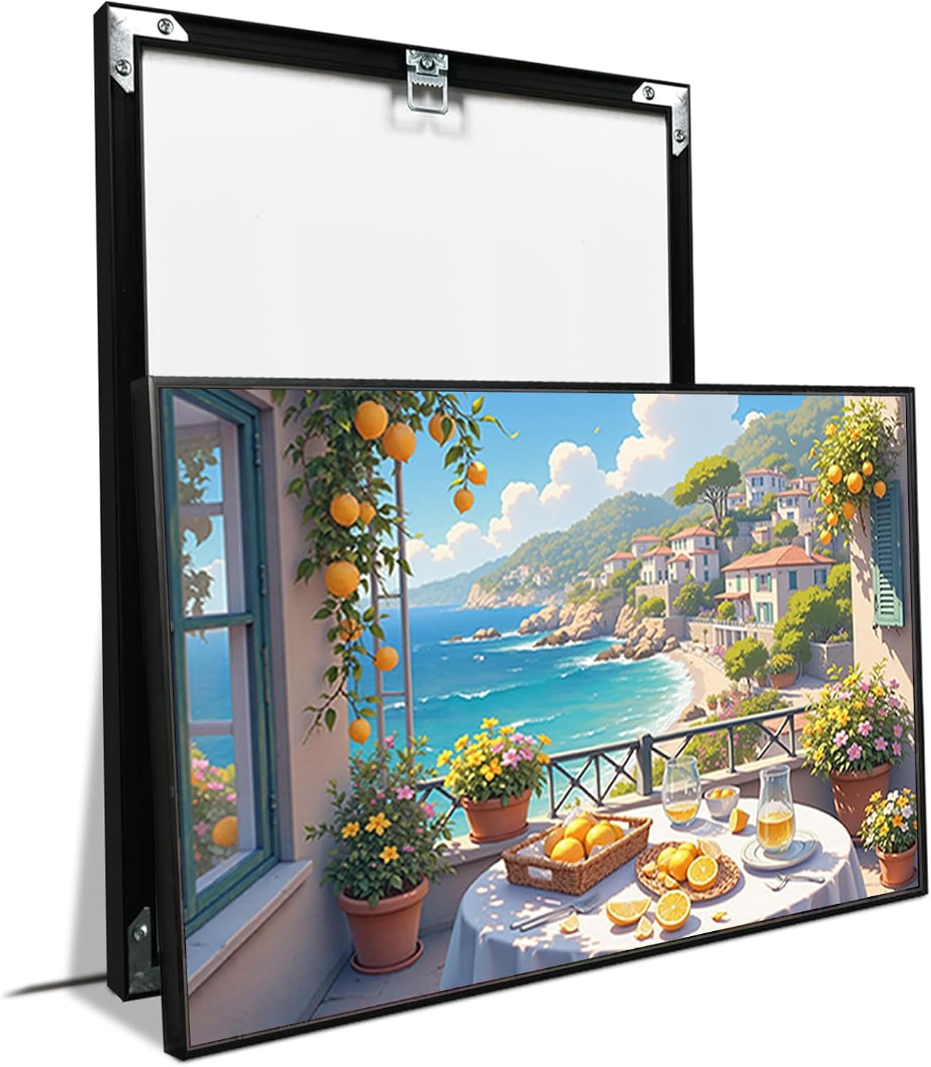 Italian Amalfi Coast Lemon Tree Garden Mediterranean Wall Art Travel Poster | Metal Framed canvas, for resort suites, mediterranean style, guest suite decor, mediterranean vacation vibe