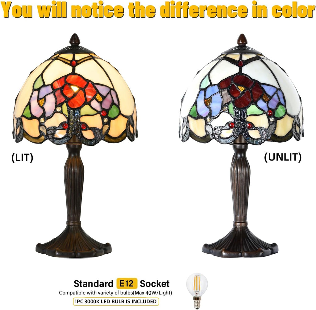 TL0010 Small Tiffany Lamp Rose Flowers Design Stained Glass Table Lamp 8' D x 14.25' H for Living Room Bedroom Bedside Nightstand Home Office, LED Buld Included (Rose Flower)