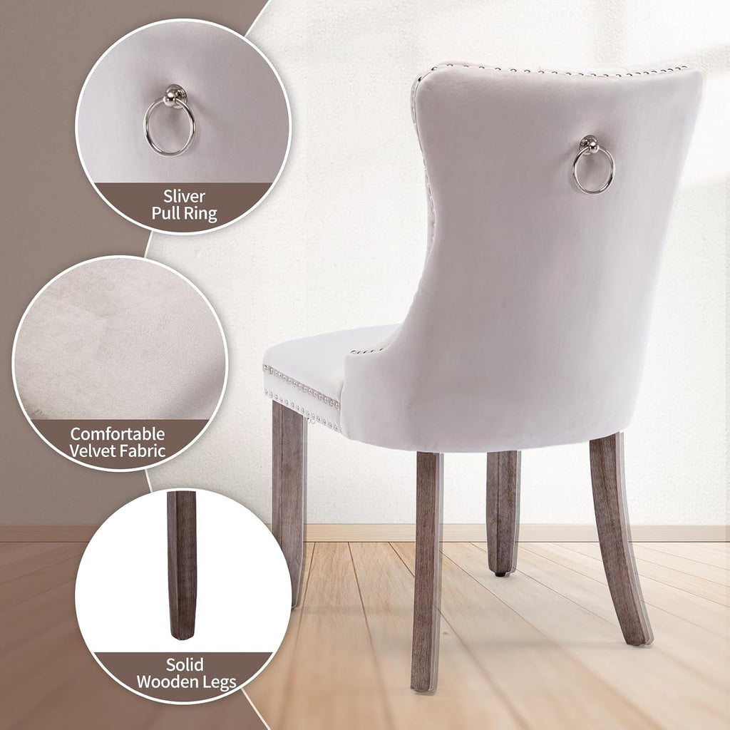 Beige Velvet Dining Chairs Set of 6, Modern Dining Room Chairs with Tufted Back and Solid Wood Legs, Upholstered Dining Chairs for Dining Room/Kitchen, Beige