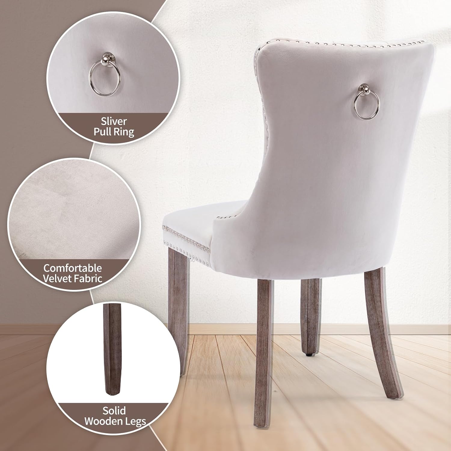 Beige Velvet Dining Chairs Set of 6, Modern Dining Room Chairs with Tufted Back and Solid Wood Legs, Upholstered Dining Chairs for Dining Room/Kitchen, Beige