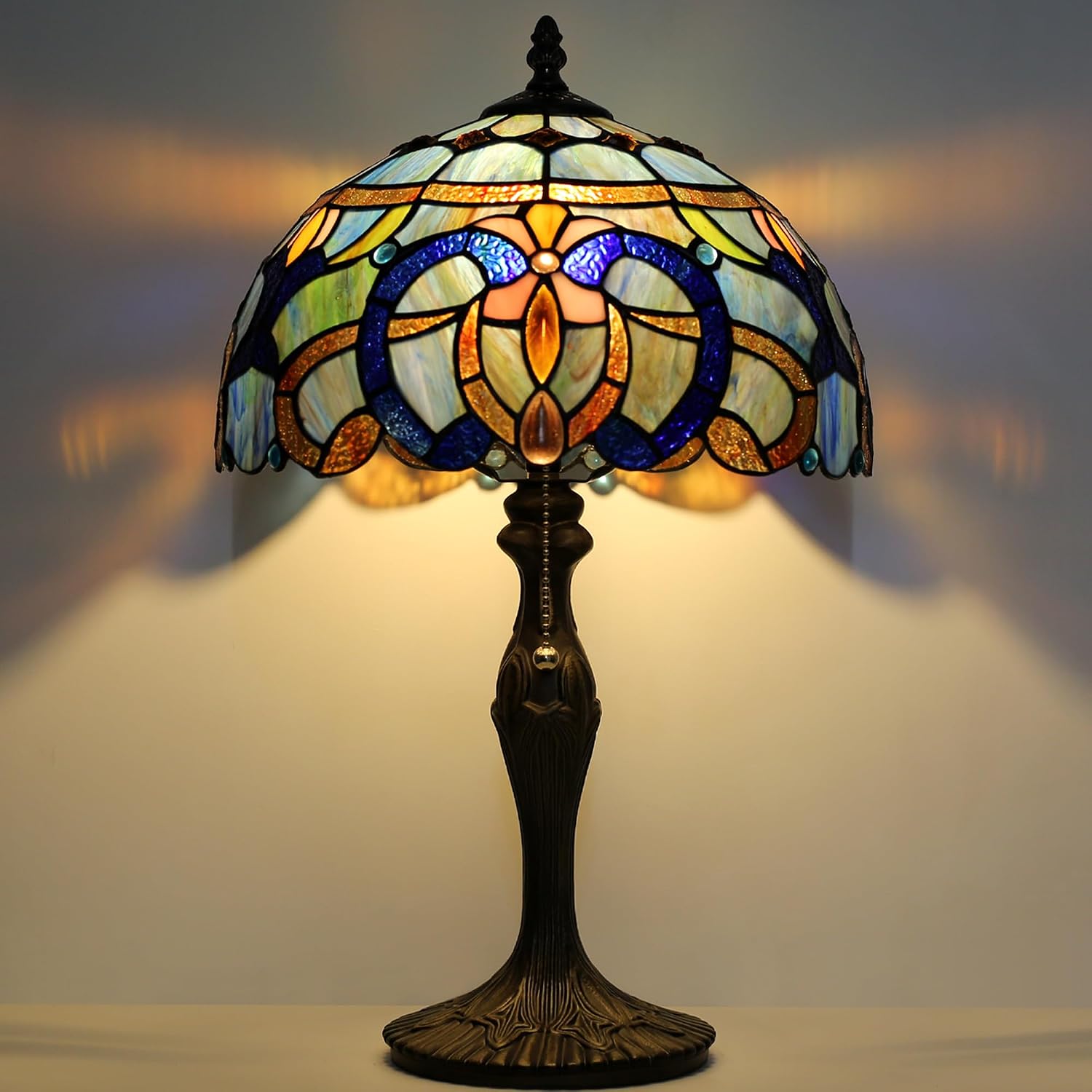 Tiffany Lamp Stained Glass Table Lamp 12' x 19' Blue Baroque Style Decorative Lamp Bedside Reading Lamp for Desk Living Room Bedroom Office Study Light Home Decor Gift