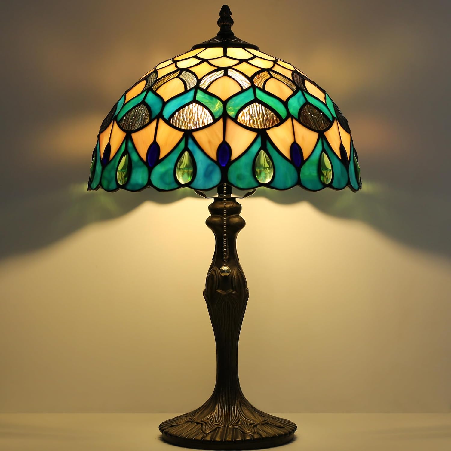Tiffany Lamp Stained Glass Table Lamp Bedside Reading Lamp 12 x 19' Blue Phoenix Tail Style Decorative Lamp for Desk Study Living Room Bedroom Office Decor Gift