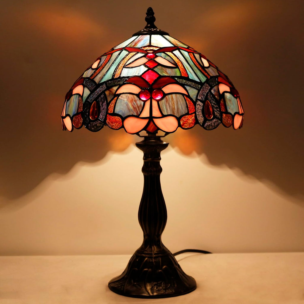 WERFACTORY Tiffany Lamp Blue Pink Stained Glass Table Lamp Reading Light 12X12X18 Inches Decor Bedroom Living Room Home Office S830B Series