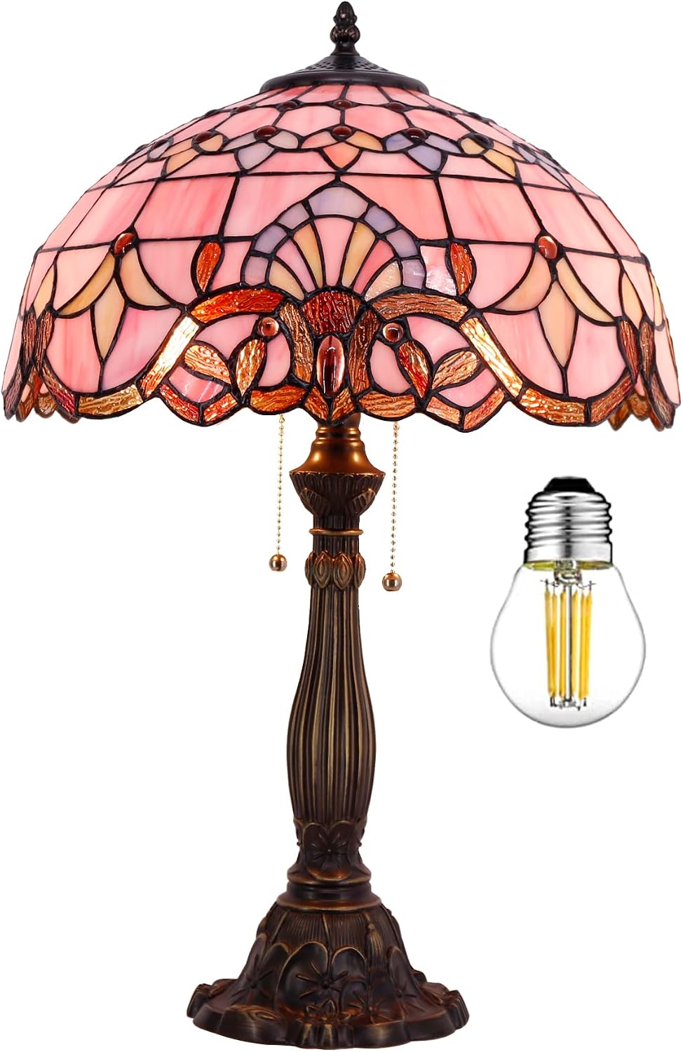 WERFACTORY Tiffany Lamp Pink Stained Glass Baroque Bedside Table Lamp Style Desk Light 16X16X24 Inches Decor Bedroom Living Room Home Office S003P Series