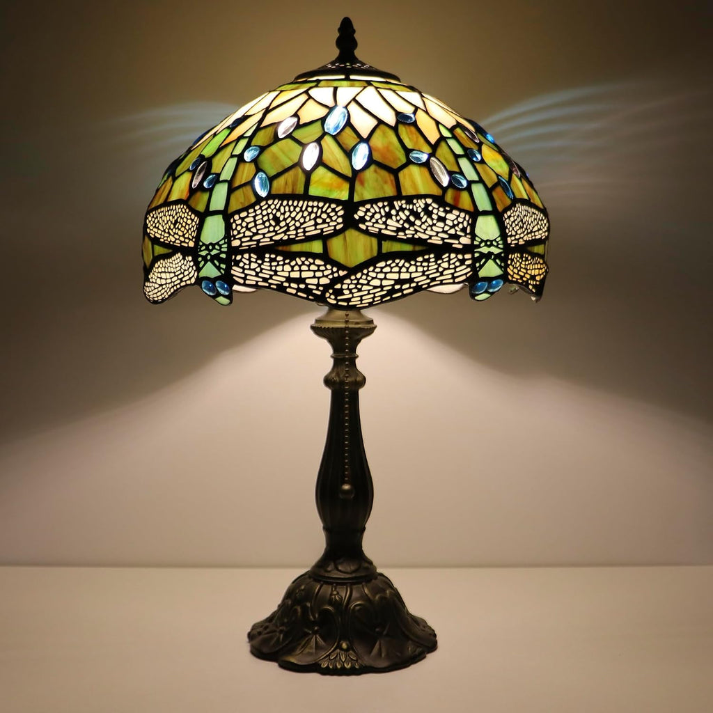 Tiffany Lamps White Brown Dragonfly Style Stained Glass Table Lamp Desk Bedside Reading Light 12X12X18.5 Inches with Bronze Resin Base Applicable to Bedroom Living Room Office