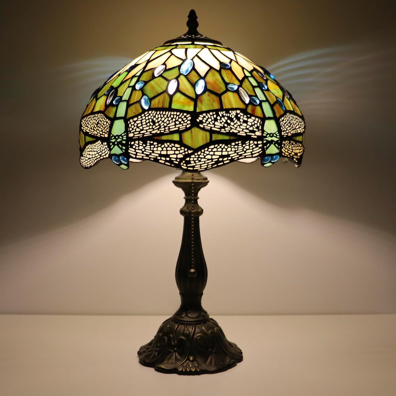 Tiffany Lamps White Brown Dragonfly Style Stained Glass Table Lamp Desk Bedside Reading Light 12X12X18.5 Inches with Bronze Resin Base Applicable to Bedroom Living Room Office