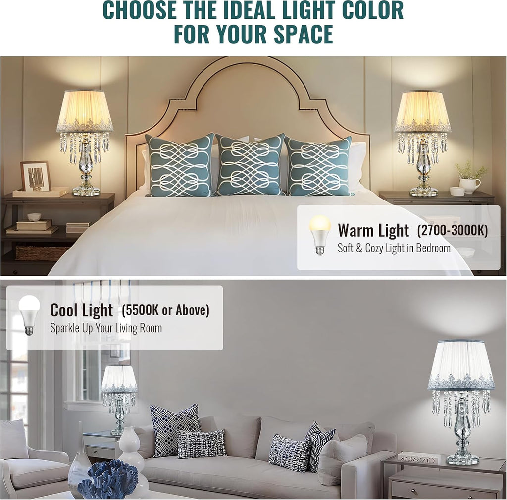 Siljoy Crystal Table Lamp Set of 2, Dimmable Bedside Lamp with Fabric Shades, Farmhouse Nightstand Lamps with K9 Crystal Strands for Living Room Bedroom 22.8 High