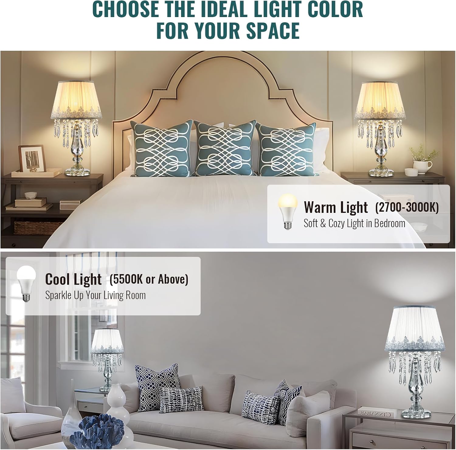 Siljoy Crystal Table Lamp Set of 2, Dimmable Bedside Lamp with Fabric Shades, Farmhouse Nightstand Lamps with K9 Crystal Strands for Living Room Bedroom 22.8 High