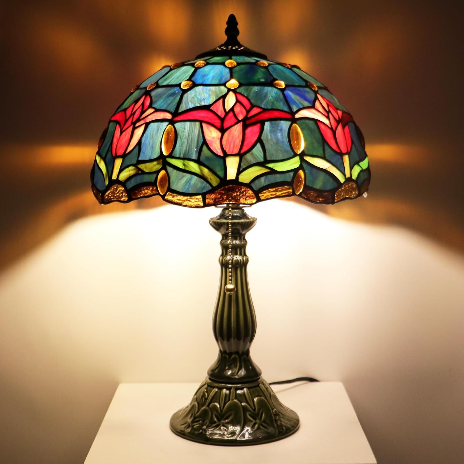 Tiffany Lamp Stained Glass Table Lamps Red Blue Tulips Style Desk Lamp 12X12X18.5 Inch Bronze Ceramic Base Reading Light Suitable for Bedside Bedroom Living Room Dining Room Office