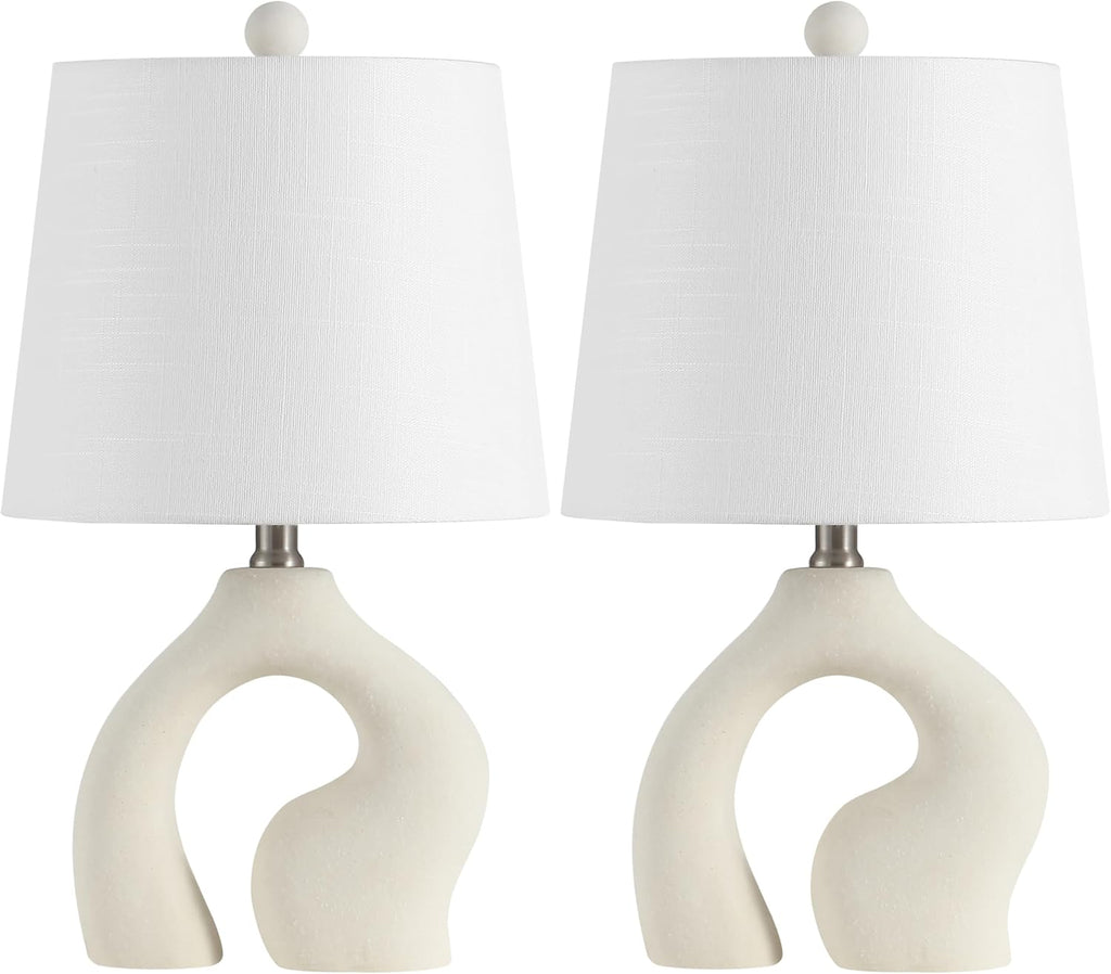 JONATHAN Y 19' Cream Ceramic Arch LED Table Lamp Set of 2, Scandinavian Minimalist Modern Bedside Lamps for Living Room Bedroom, White Linen Shade, LED Bulbs Included JYL5504A-SET2