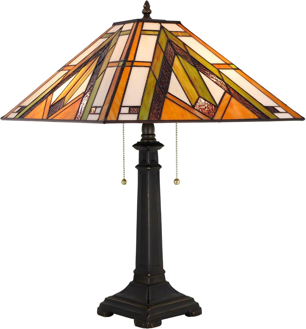 Tiffany Table Lamp Bronze Mission Style Stained Glass 16X16X23 Inches Desk Reading Light for Bedrooms Living Room Study Home Office