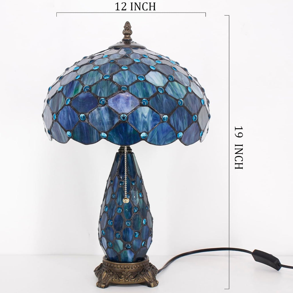 Tiffany Lamp Stained Glass Table Lamp 12X19 Inches Mother Daughter Vase Desk Accent Night Light for Bedroom Bedside Reading Home Antique Style (Blue Beads)