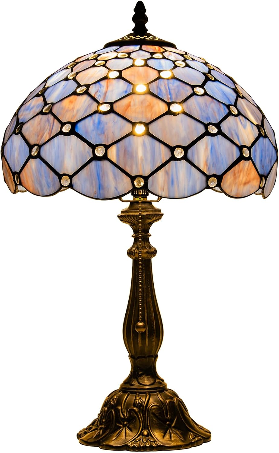 Tiffany Lamp Vintage Deep Blue Stained Glass Bead Table Lamp Desk Bedside Reading Light Decor Bedroom Living Room Home Office D12*H18 Inches