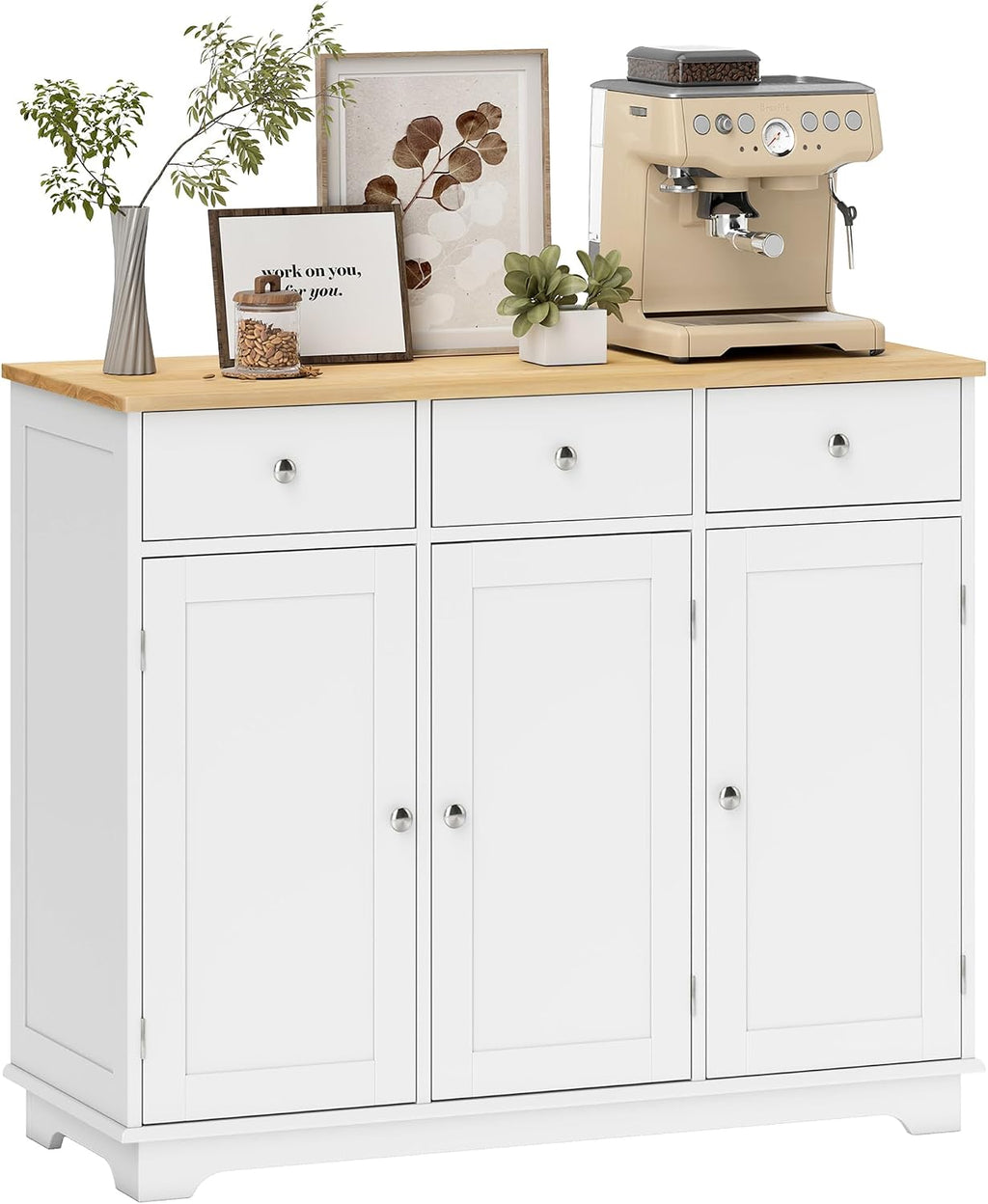 HOMCOM Sideboard Buffet Cabinet with Solid Wood Countertop, Modern Kitchen Storage Cabinet, Coffee Bar Cabinet with 3 Drawers, Doors and Adjustable Shelf, White