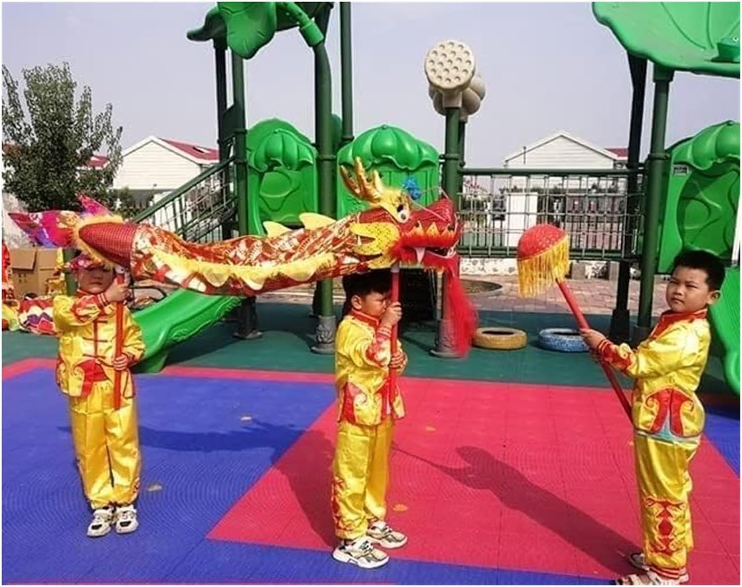 BKEKM Dragon Dance 1 M Lion Dance Head with Handstick Dragon Dance Silk 3D Dragon Ribbon Streamer Outdoor Dragon Dance Ribbon