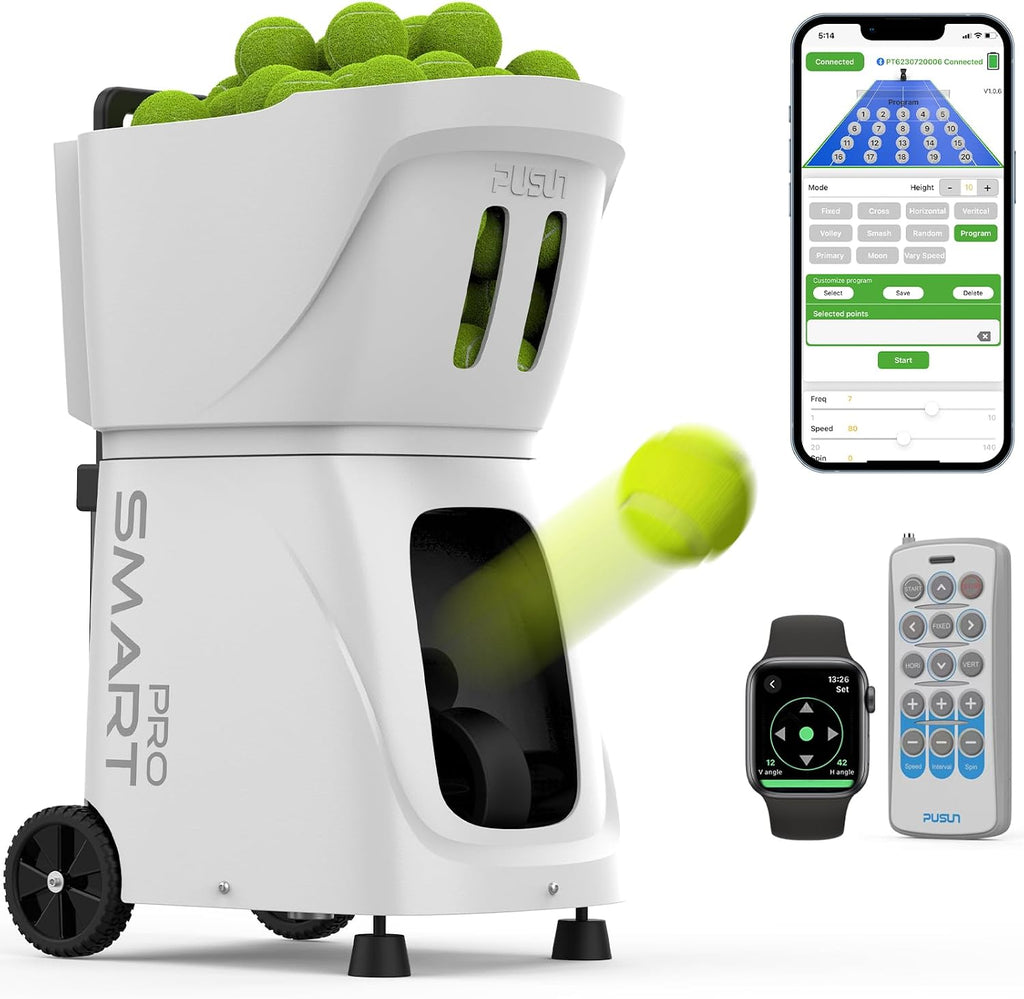 PT-SAMRT PRO-Internal Spin Tennis Ball Machine - Smart App Control - 100+ Ball Capacity - Professional Training Equipment - Realistic Ball Trajectory Simulation - 4-6 Hour Battery Life