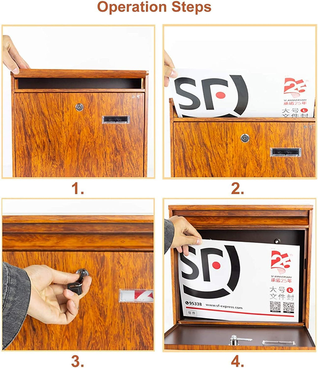 JYDQM Suggestion Box Business Drop Boxes Donation Box Brown Wall Mount Mailbox, Locking Rustic Metal Post Box with Wooden Texture Finish, Medium Letterboxes for Outside Residential Office
