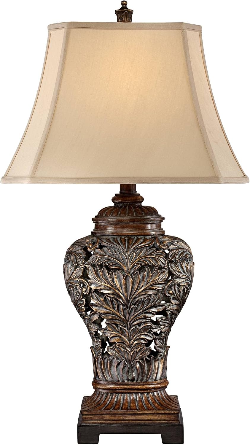 Barnes and Ivy Leafwork Traditional 3-Way Table Lamp 32 1/2' Tall with Dimmer and USB Charging Port Bronze Brown Tan Rectangular Shade for Bedroom Living Room Nightstand Bedside Night Stand Office