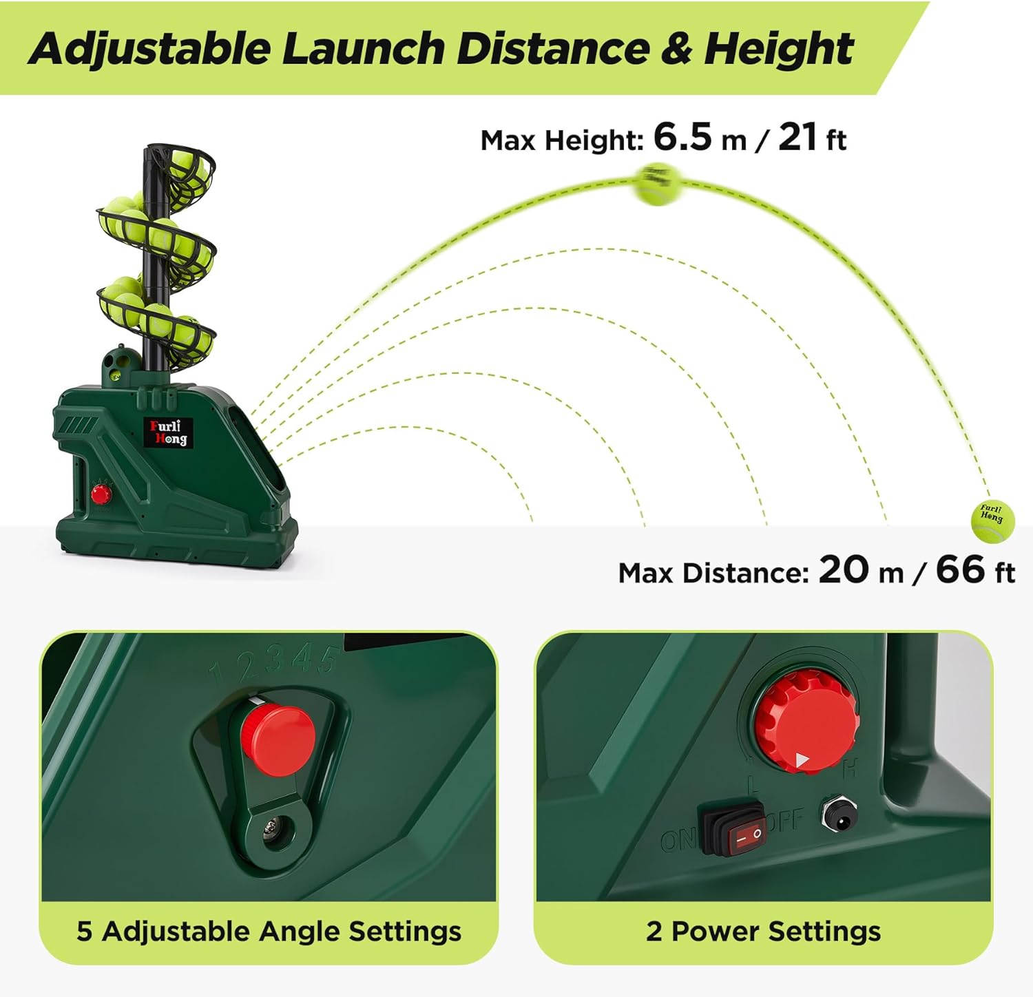 Furlihong 3819BH Portable Tennis Ball Machine – 5 Adjustable Angles, 2 Power Levels, 4 Serve Intervals, Up to 30 MPH, for All Skill Levels Training