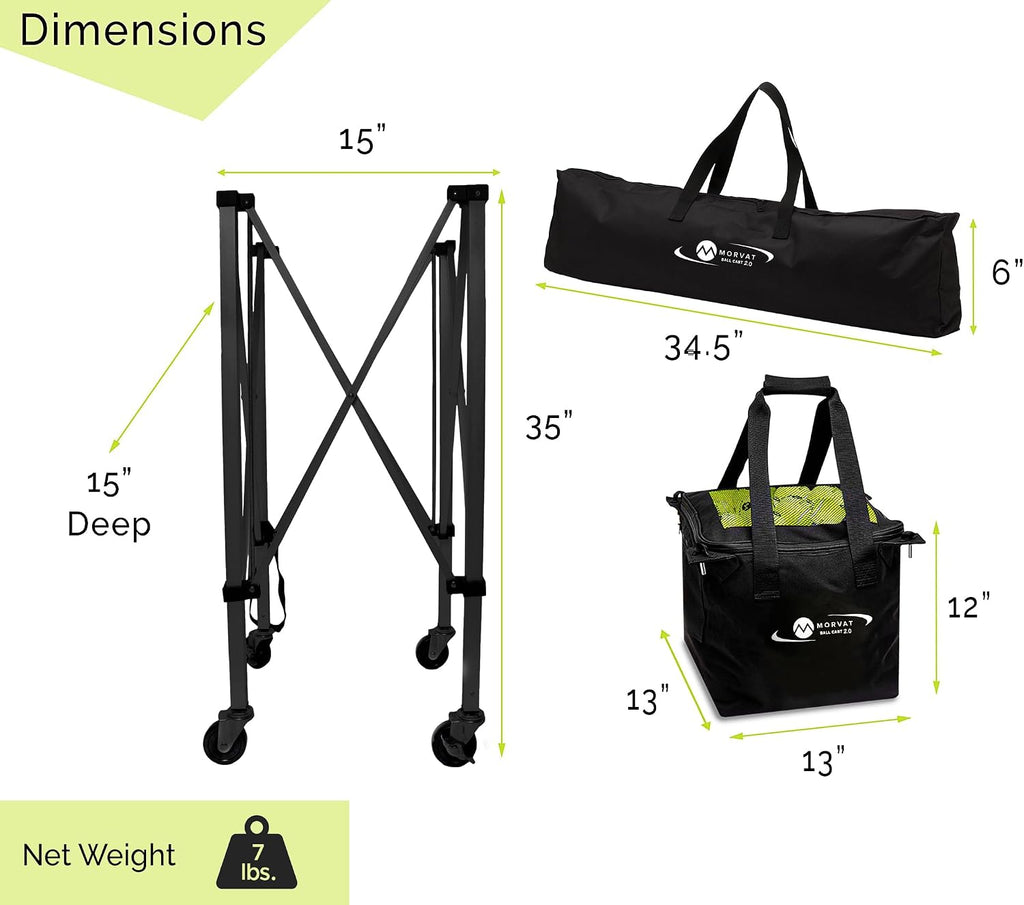 MORVAT Professional Tennis & Pickle Ball Hopper Holds 165 Balls Heavy-Duty Pro Sports Practice Cart, Foldable Portable Compact & Lightweight Zippered Pocket & Racket Holder, Carry Bag + 3 Tennis Balls