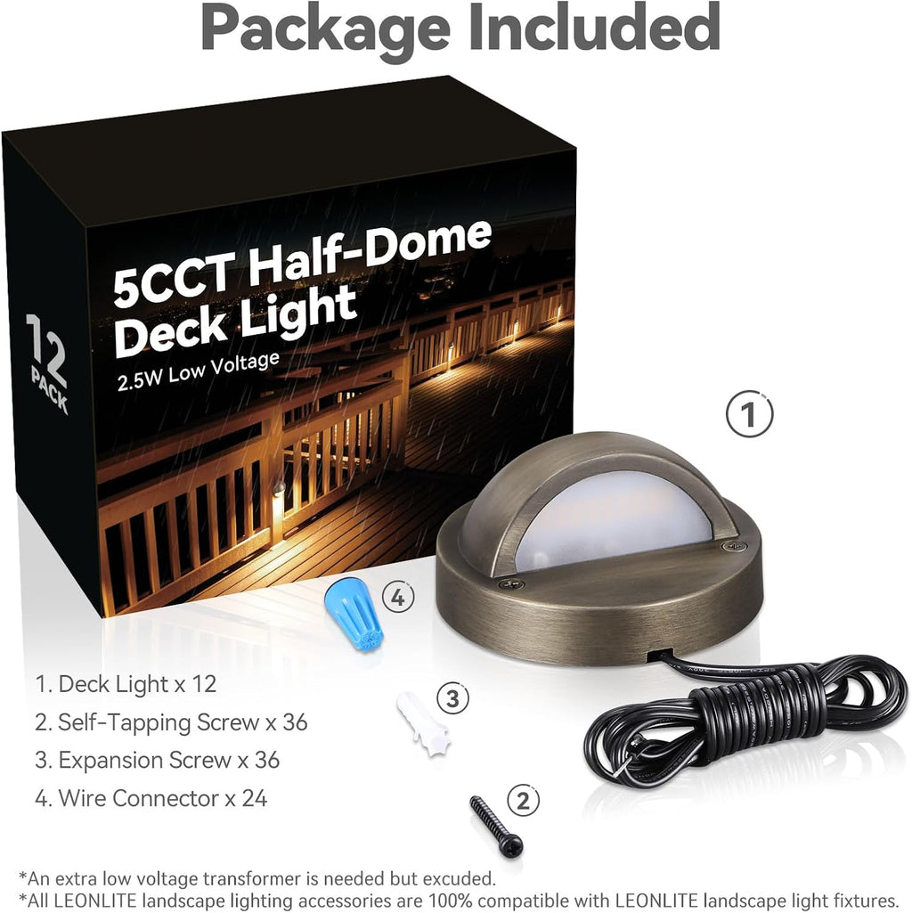 LEONLITE 12-Pack Update 5CCT LED Low Voltage Deck Lights, 180LM 3.74inch Landscape Step Railing Fence Light, 12-24V AC/DC, CRI90, Die-cast Aluminum Housing & Frosted Glass Lens, UL Cord, Bronze