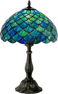 Tiffany Style Table Lamp Vintage Stained Glass Desk Lamp Sea Blue Fish Scales Bedside Reading Light Decor Bedroom Living Room Home Office D12 xH18