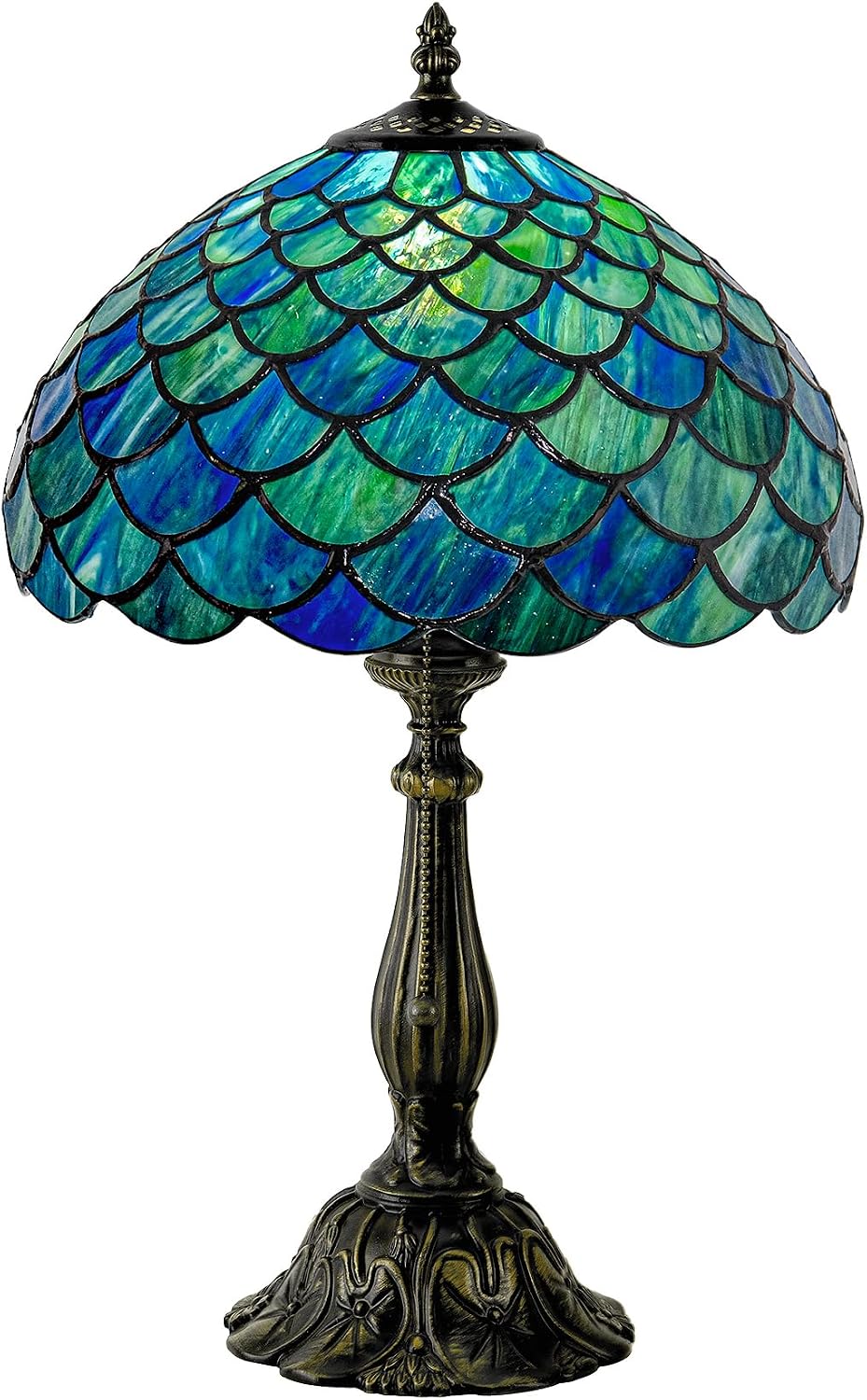 Tiffany Style Table Lamp Vintage Stained Glass Desk Lamp Sea Blue Fish Scales Bedside Reading Light Decor Bedroom Living Room Home Office D12 xH18