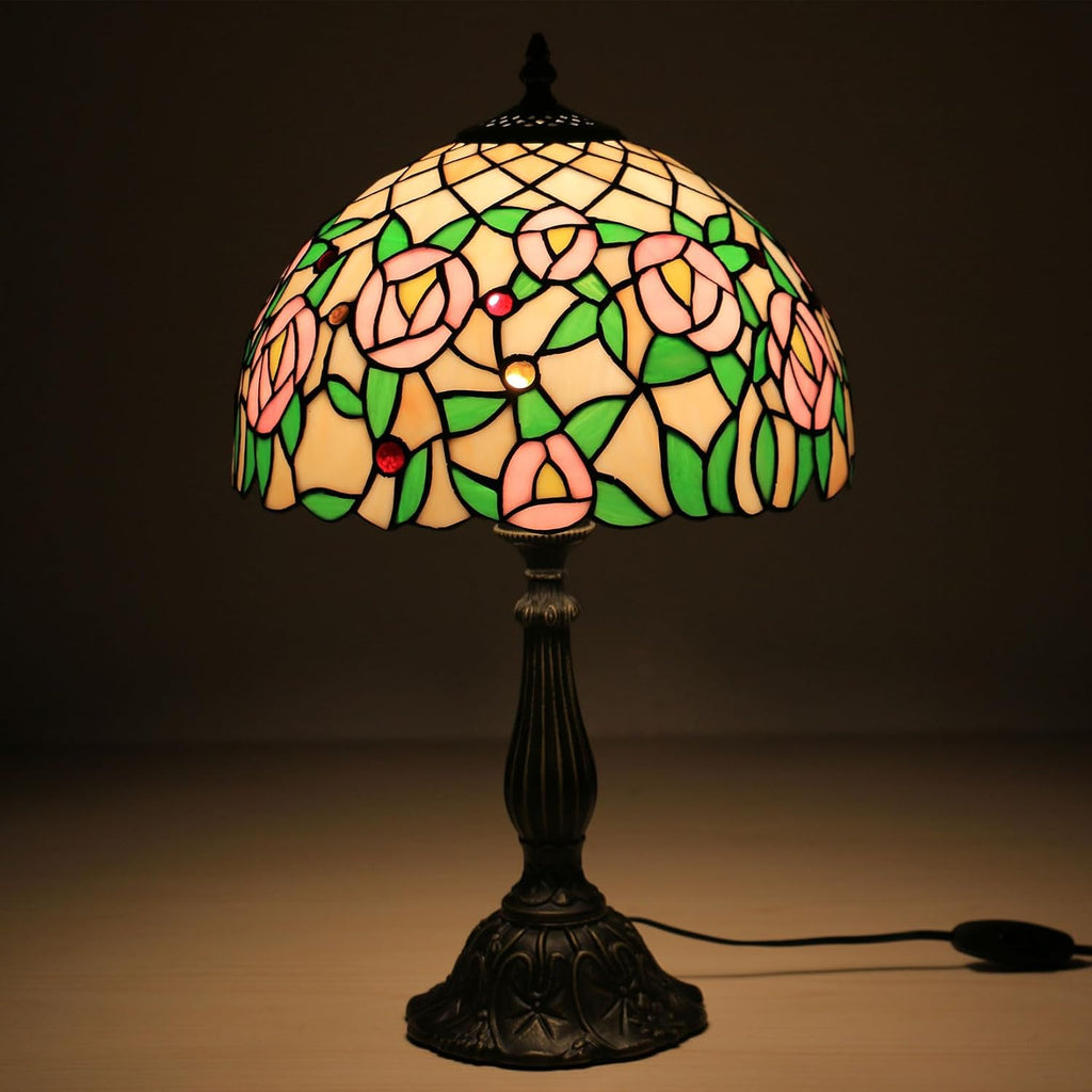 Tiffany Style 12 Inch Pastoral Stained Glass Table Lamp Green Leaves Tulip Rose Lamp Shade for Bedroom Bedside Living Room Restaurant,Light Pink