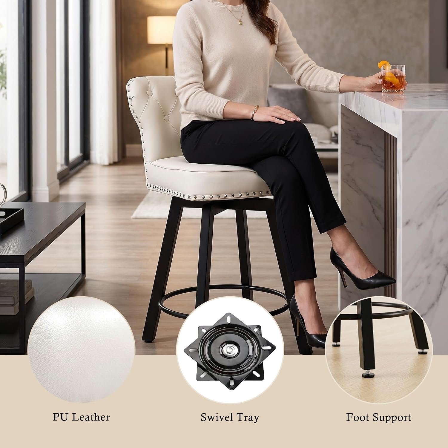 Counter Height Bar Stools Set of 4, 26' Mid-Century Swivel Bar Stool with Metal Base for Kitchen Island, Rivet Armless Faux PU Leather Barstool with High Back and Large Thick Cushion, Beige