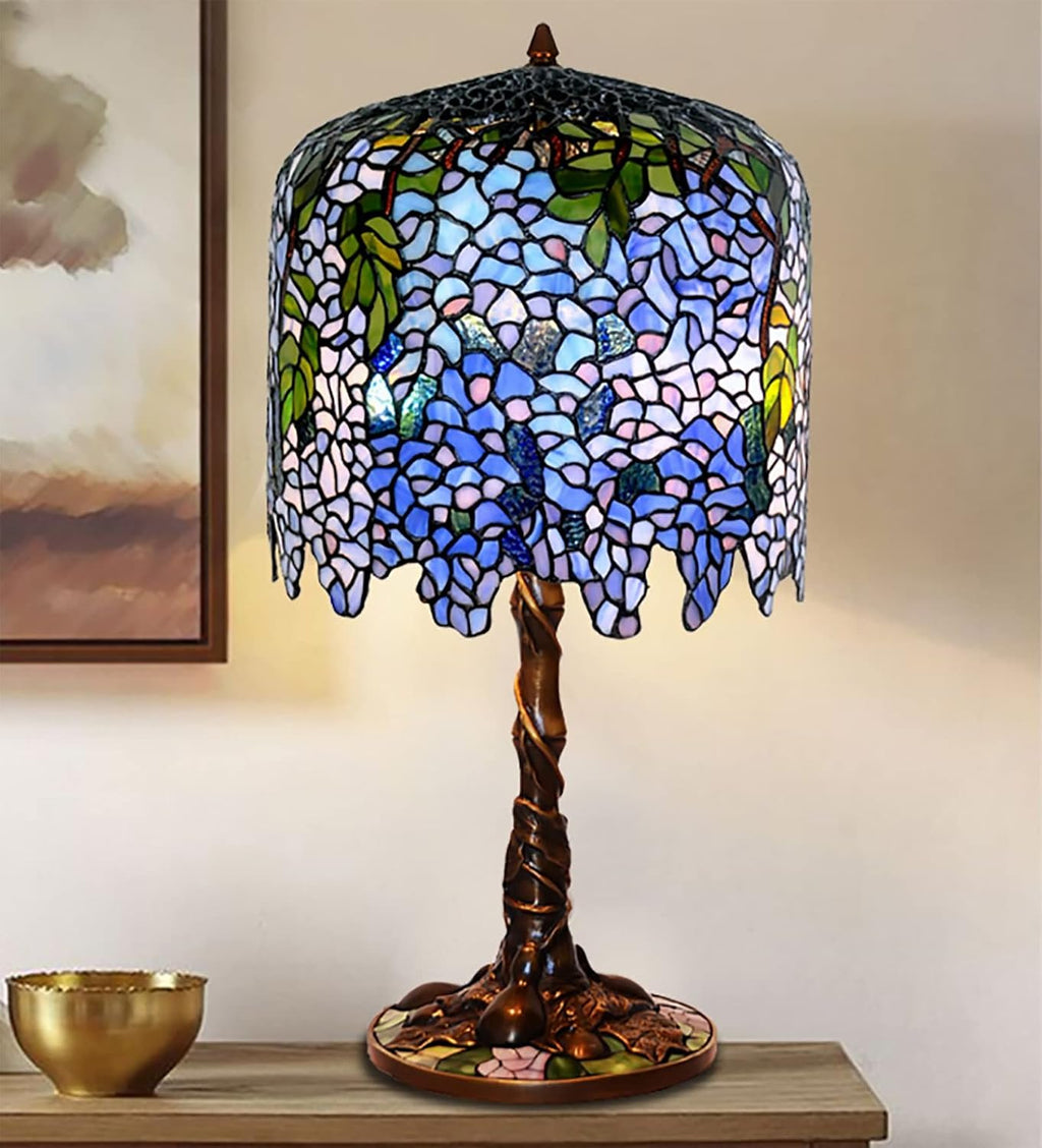 Wisteria Lamp, Tiffany Style Green Pink Stained Glass Table Lamp, Green Leaves Shade Bedroom Bedside Lamp, Living Room Office Table Decoration Lamp with Pull Cord Switch