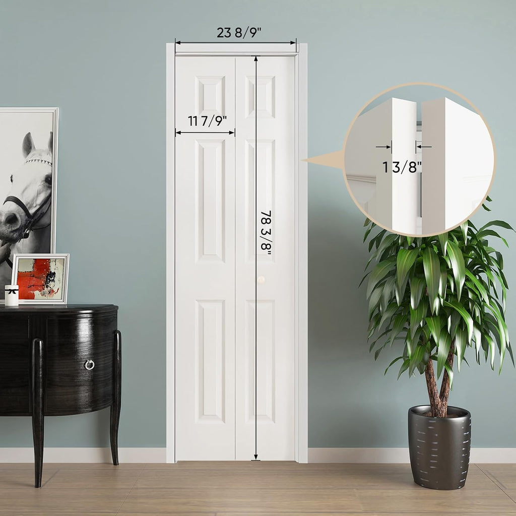 JUBEST Bifold Doors, 6 Panel Primed Bifold Closet Doors for 24'x80' Door Opening, Modern White Hollow Core Bi-Fold Door Slab with Hardware Kit & Knob, Widely Used, Primed