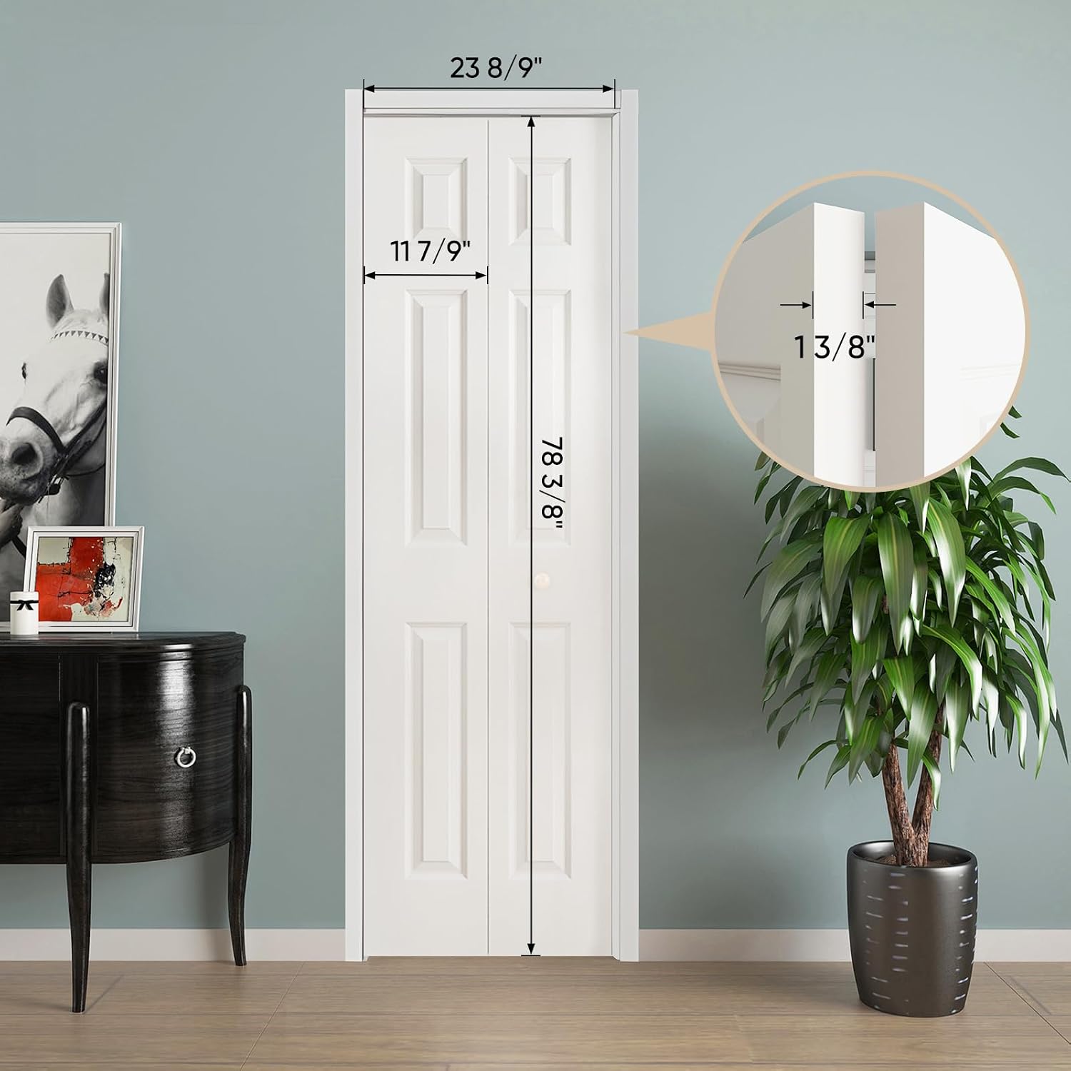 JUBEST Bifold Doors, 6 Panel Primed Bifold Closet Doors for 24'x80' Door Opening, Modern White Hollow Core Bi-Fold Door Slab with Hardware Kit & Knob, Widely Used, Primed
