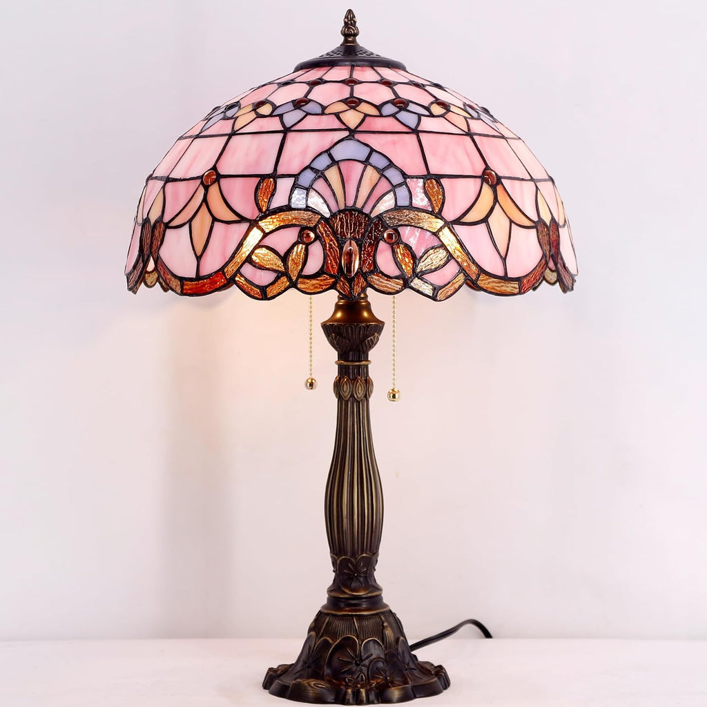 WERFACTORY Tiffany Lamp Pink Stained Glass Baroque Bedside Table Lamp Style Desk Light 16X16X24 Inches Decor Bedroom Living Room Home Office S003P Series
