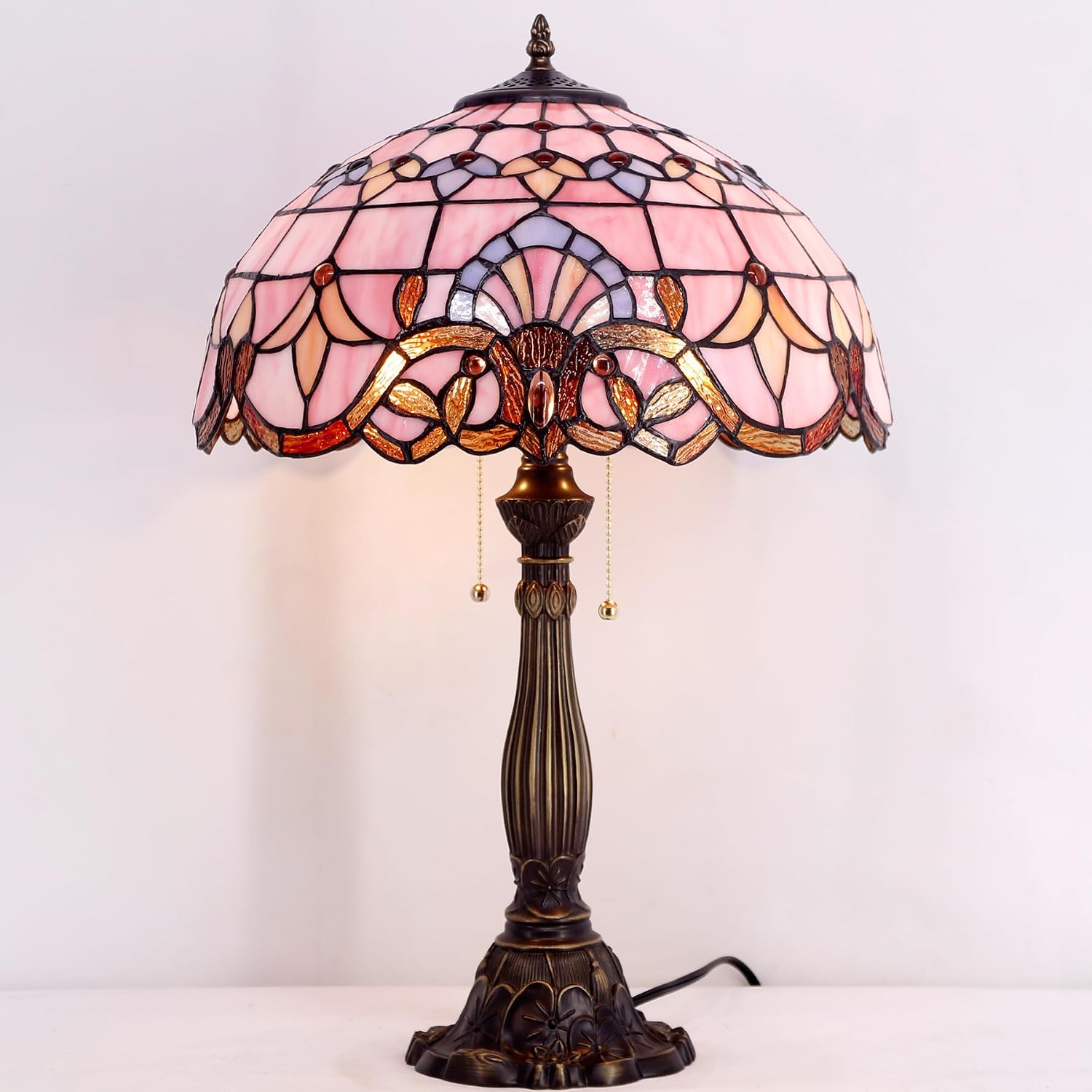 WERFACTORY Tiffany Lamp Pink Stained Glass Baroque Bedside Table Lamp Style Desk Light 16X16X24 Inches Decor Bedroom Living Room Home Office S003P Series