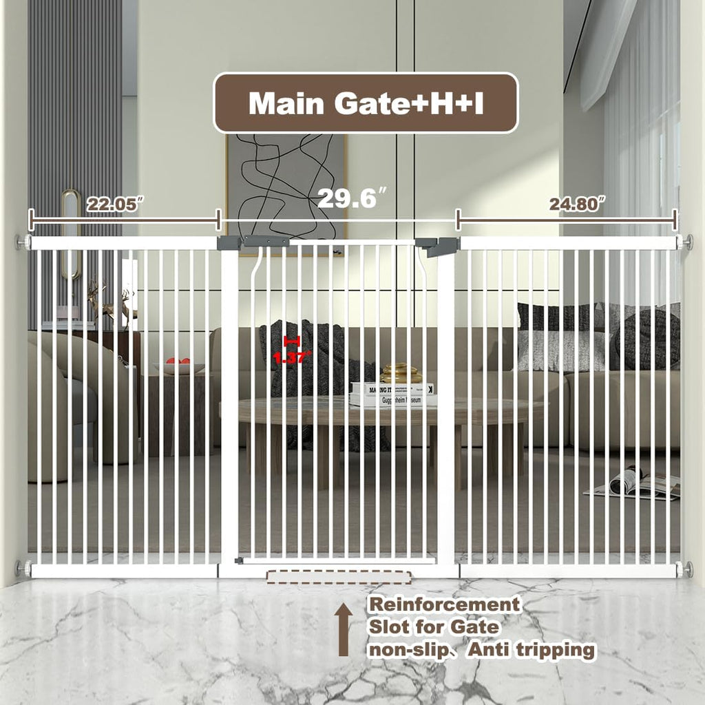 41-Inch Extra Tall Metal Baby Gate for Doorway, 76.8-79.5'' Pet Safe Gate with Expansion Kit, No Drilling Cat Fence Indoor, No Climb Child Door, White