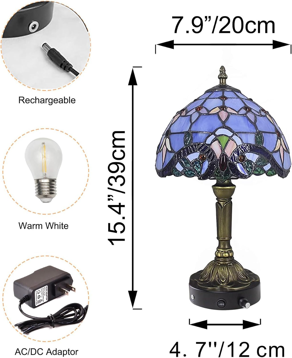 Kiven Cordless Table Lamp,1-Light Dimmable Bedside Lamps for Nightstand with Glass Lampshade, Cordless Tiffany Lamp for Reading Home Decor Bedside TD0873