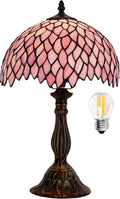 WERFACTORY Tiffany Table Lamp Pink Wisteria Style Stained Glass Desk Bedside Reading Light 12X12X18 Inches Decor Bedroom Living Room Home Office S523 Series