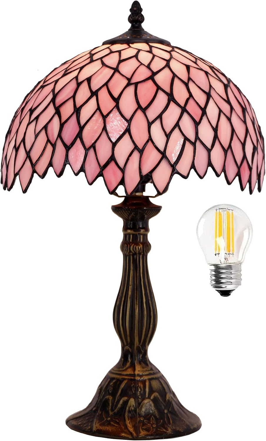 WERFACTORY Tiffany Table Lamp Pink Wisteria Style Stained Glass Desk Bedside Reading Light 12X12X18 Inches Decor Bedroom Living Room Home Office S523 Series