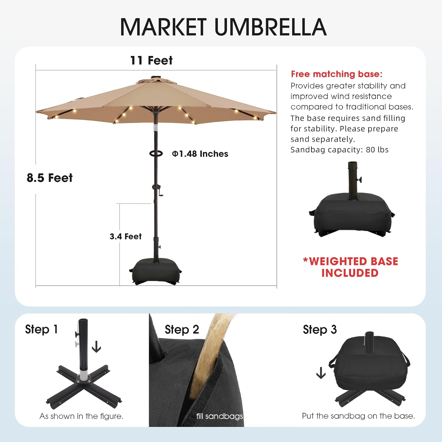 wikiwiki 11FT Solar Led Patio Umbrella with Base Included, 32 LED Lights, 8 Sturdy Ribs, Fade Resistant Waterproof POLYESTER DTY Canopy for Garden, Lawn, Deck, Backyard & Pool, Tan