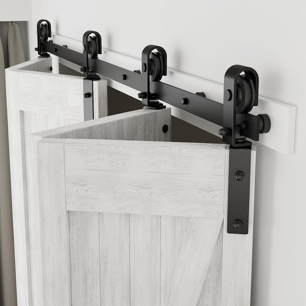 CCJH 108' Bi-Folding Sliding Barn Door Hardware Kit for 4 Doors,Slide Smoothly Quietly,Black Track J Shape Roller,No Door