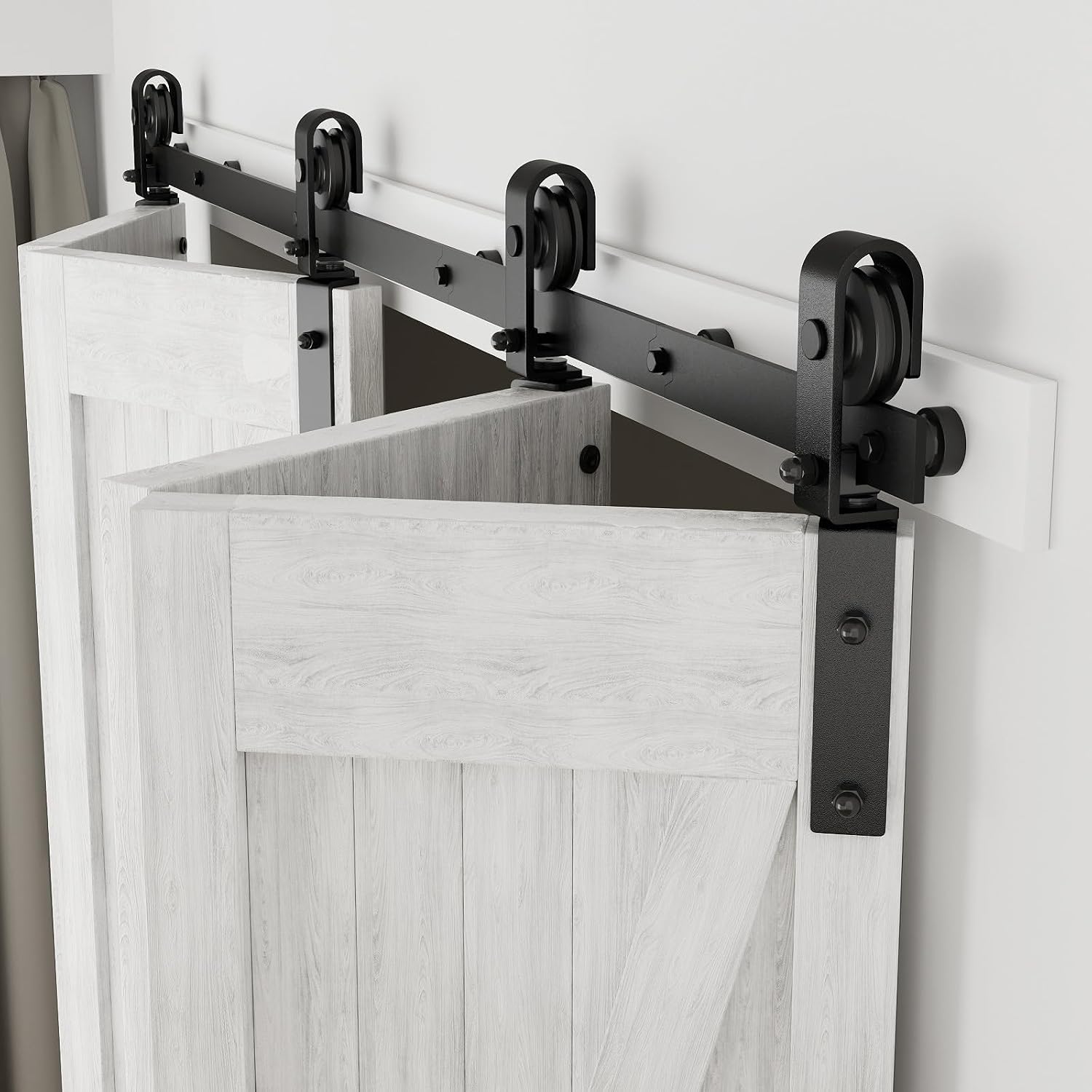 CCJH 108' Bi-Folding Sliding Barn Door Hardware Kit for 4 Doors,Slide Smoothly Quietly,Black Track J Shape Roller,No Door