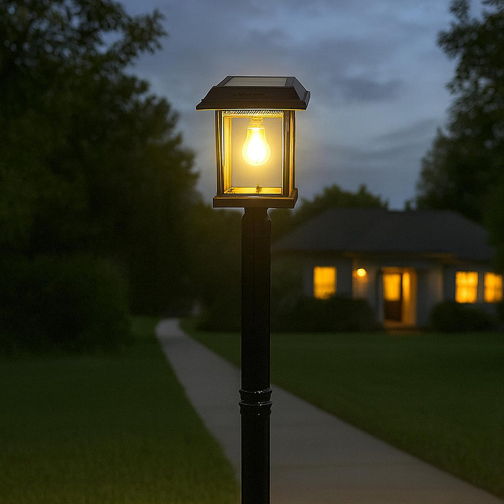 Gama Sonic Aspen II Solar Lamp Post Light Outdoor Waterproof, Black Aluminum with Clear Glass, 3-inch Fitter for Lamp Posts or Pier Mount (Sold Separately), Warm White 2700K, 8BE40012