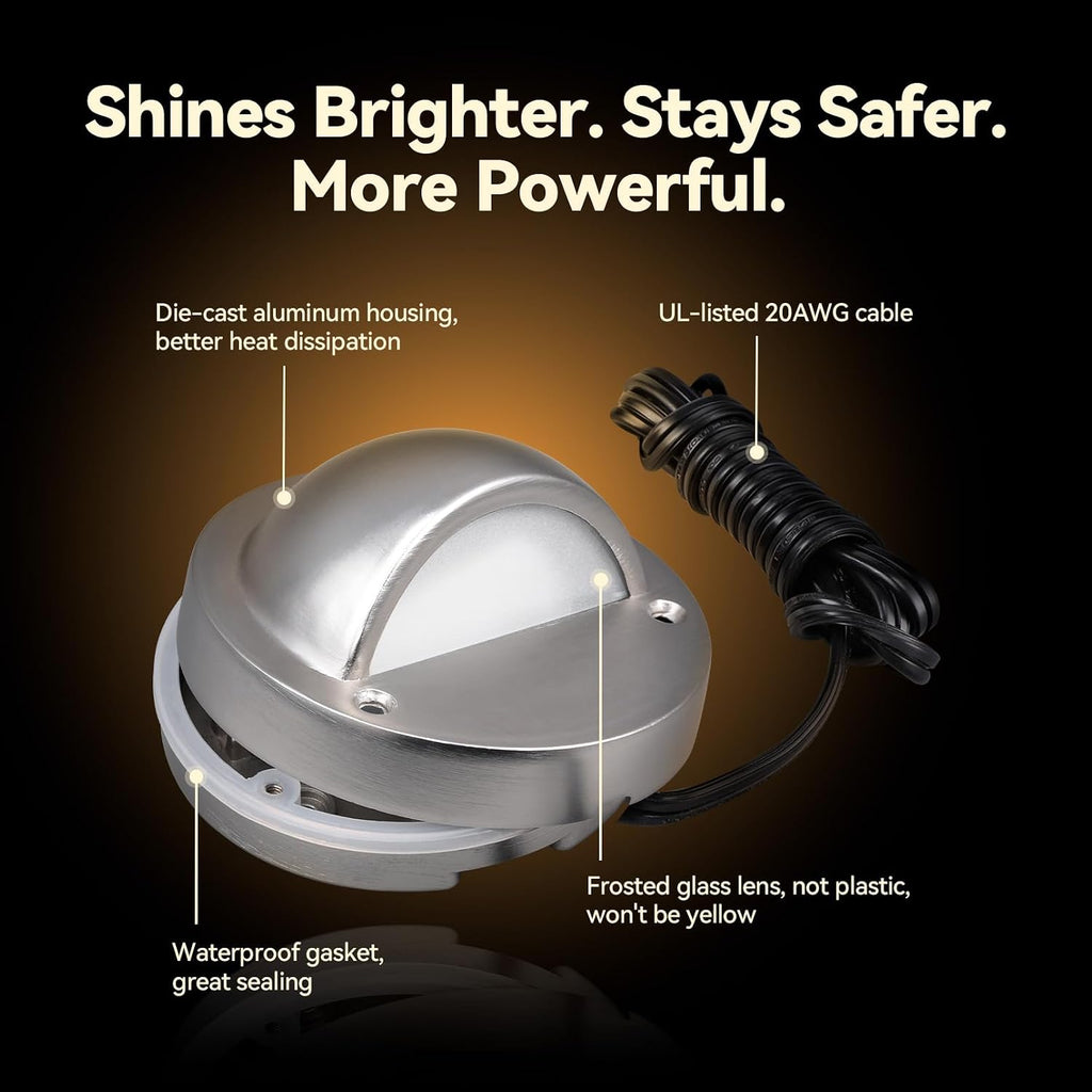 LEONLITE 12-Pack Update 5CCT LED Low Voltage Deck Lights, 180LM 3.74inch Landscape Step Railing Fence Light, 12-24V AC/DC, CRI90, Die-cast Aluminum Housing & Frosted Glass Lens, UL Cord, Satin Nickel